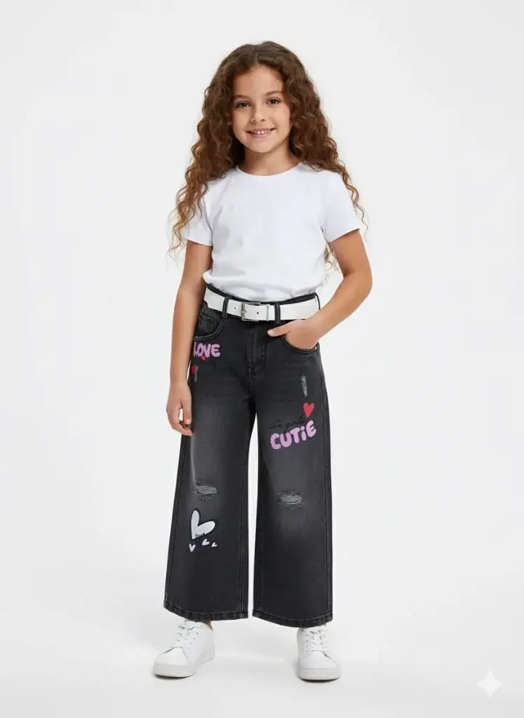 بنطلون جينز بناتي مطبوع وايد ليج